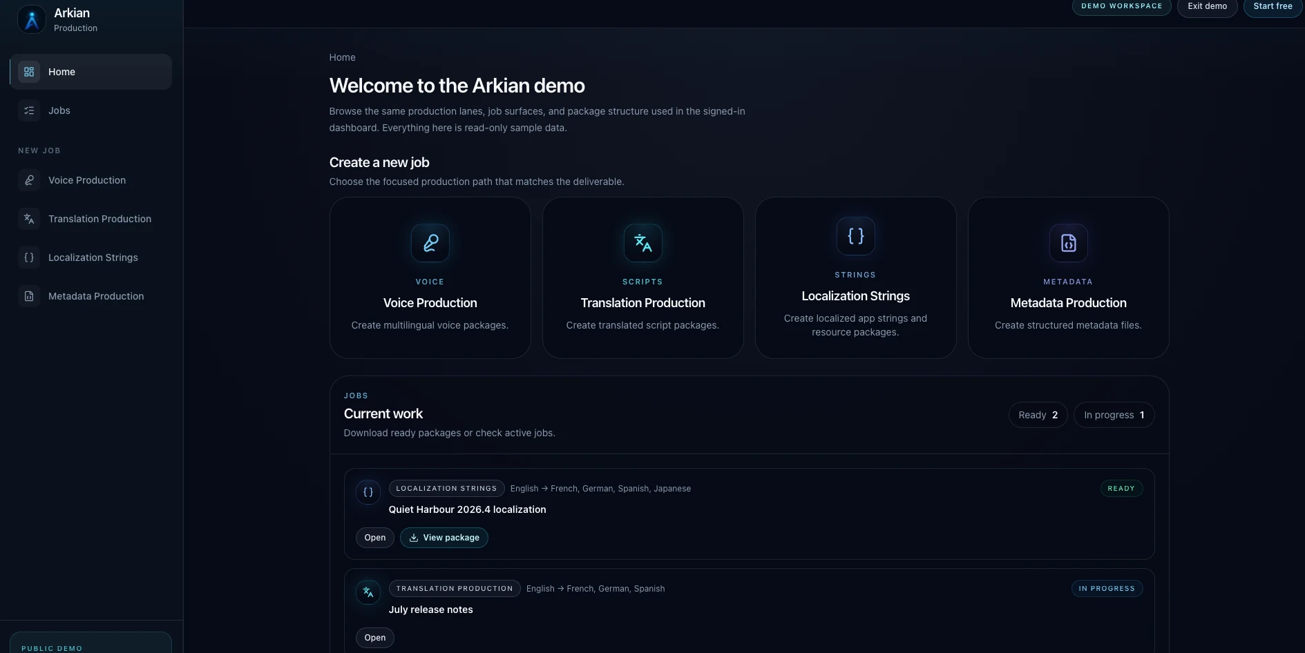 Arkian dashboard demo showing production lanes and sample jobs
