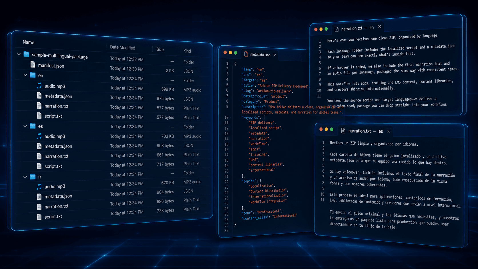 Arkian package organized for multilingual asset delivery.