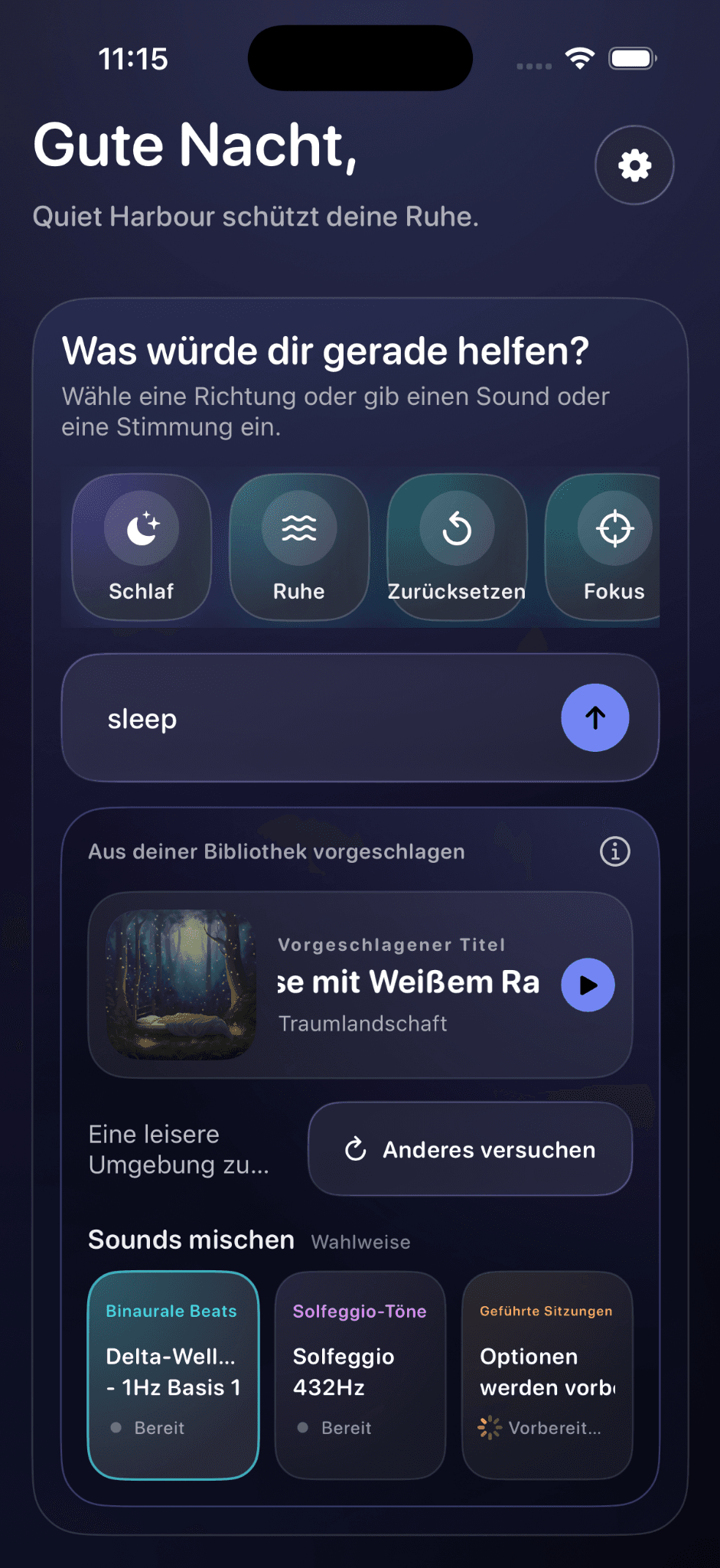 Quiet Harbour home screen in German