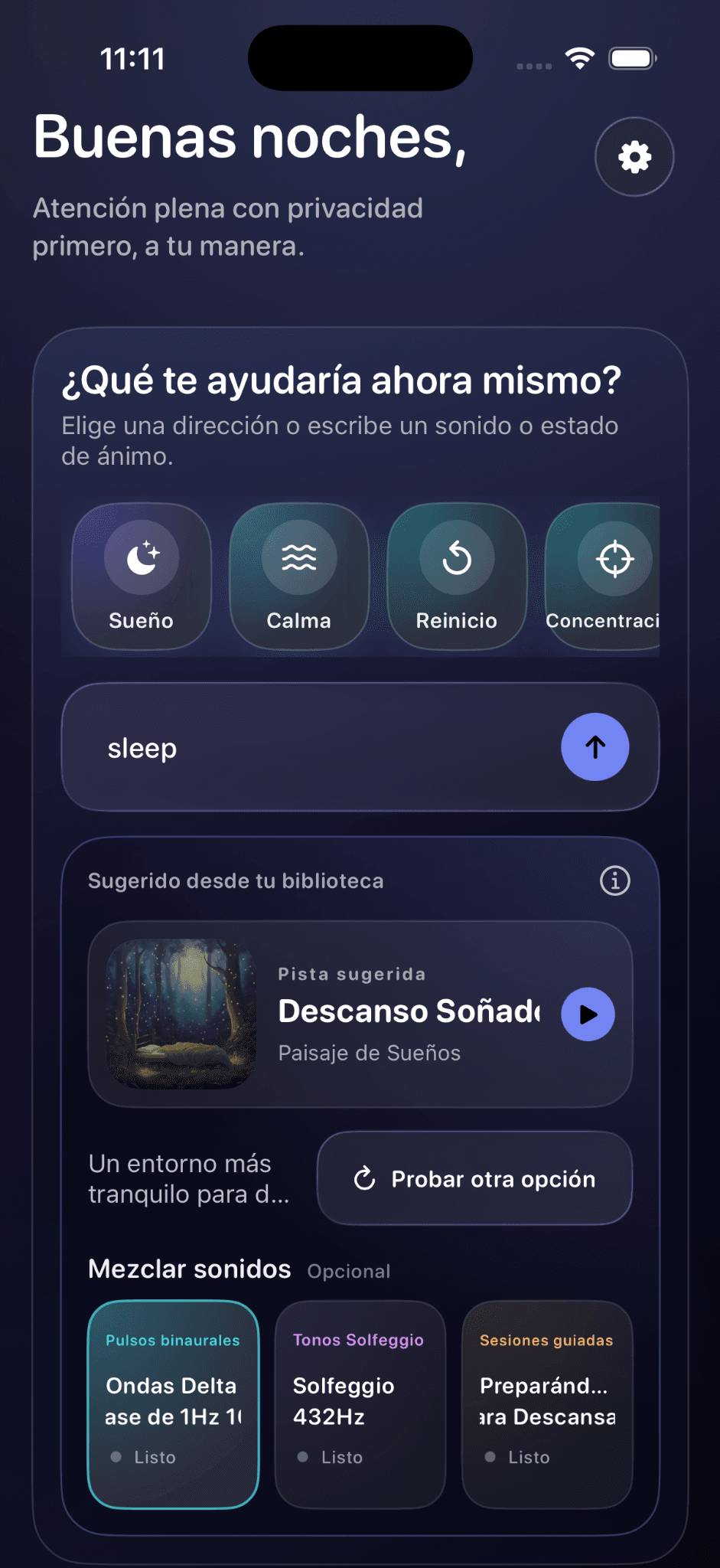 Quiet Harbour home screen in Spanish